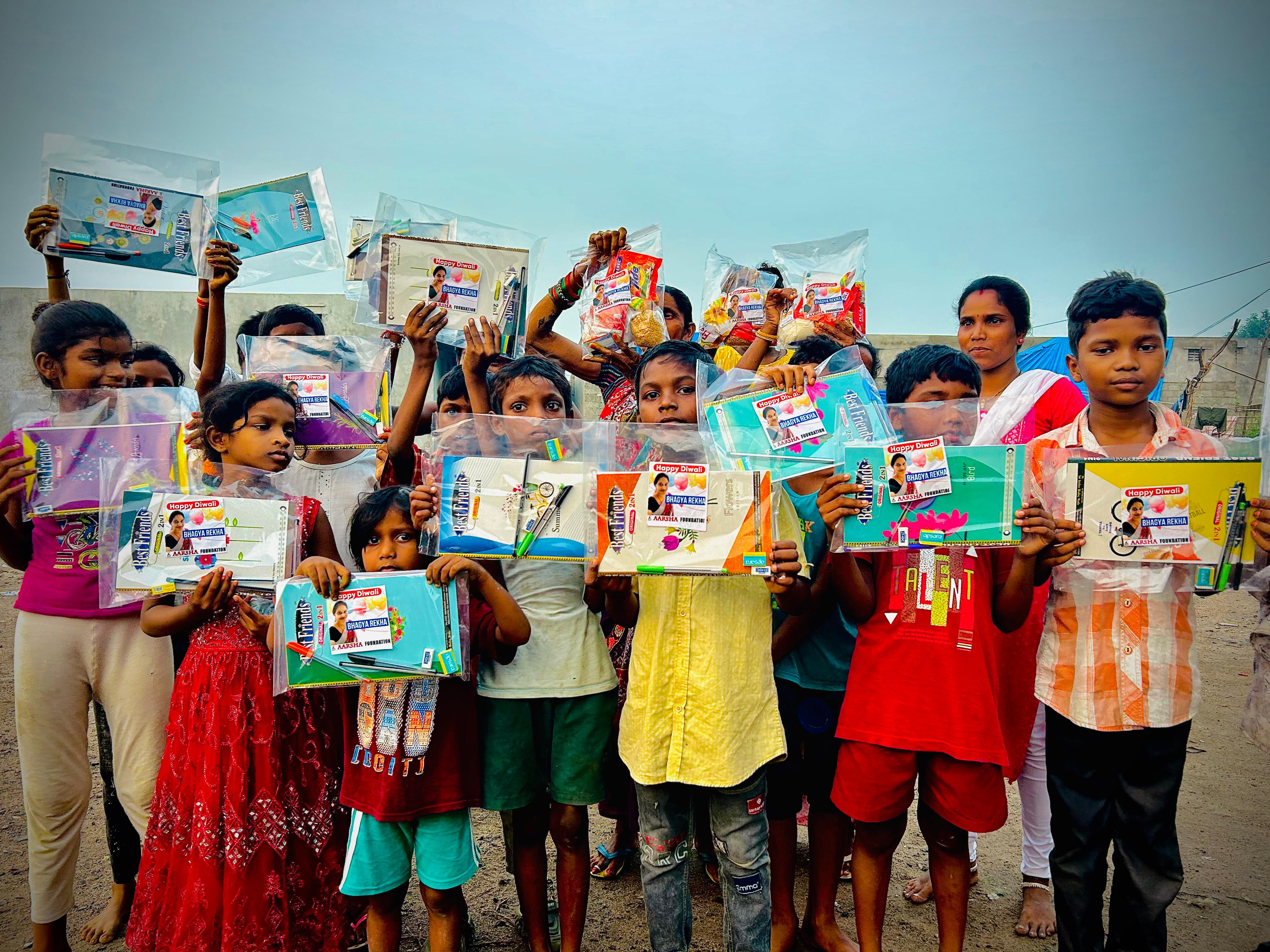 Children celebrating with supplies